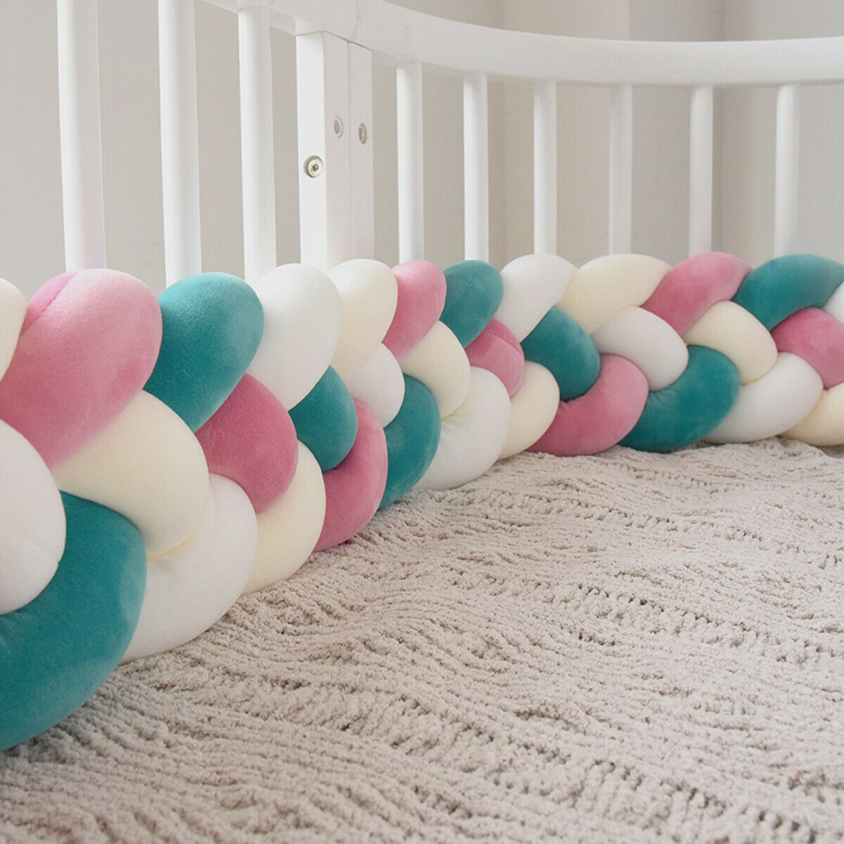 Heightening Baby Braided Crib Bumpers Knot Long Pillow Cushion Bedding Room Dector