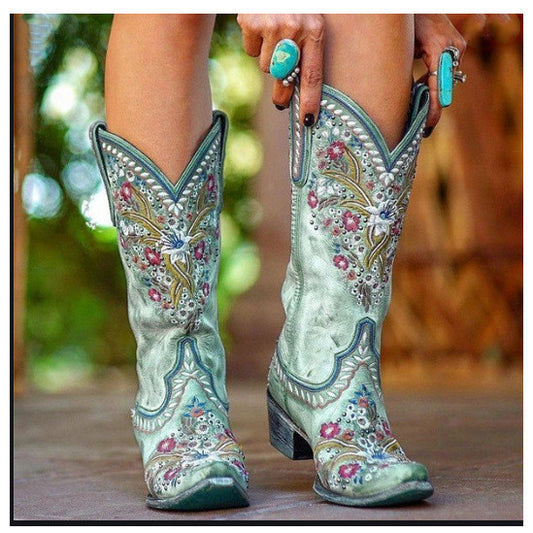 Mid-Heel Ethnic Embroidered Mid-Tube Women's Boots