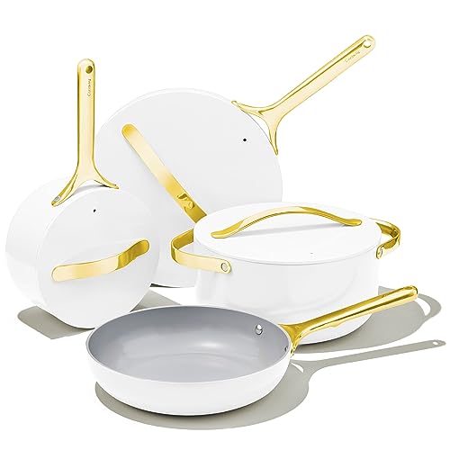 Caraway Nonstick Ceramic Cookware Set (12 Piece) Pots, Pans, 3 Lids and Kitchen Storage - Non Toxic - Oven Safe & Compatible with All Stovetops - Cream