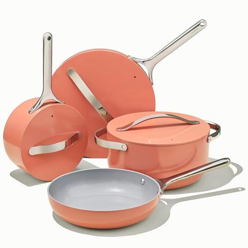 Caraway Nonstick Ceramic Cookware Set (12 Piece) Pots, Pans, 3 Lids and Kitchen Storage - Non Toxic - Oven Safe & Compatible with All Stovetops - Cream