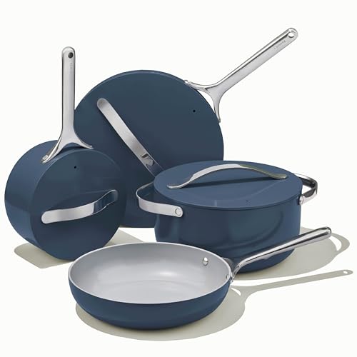 Caraway Nonstick Ceramic Cookware Set (12 Piece) Pots, Pans, 3 Lids and Kitchen Storage - Non Toxic - Oven Safe & Compatible with All Stovetops - Cream