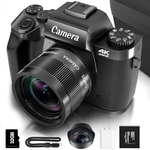 Saneen Digital Camera, 4k Cameras for Photography & Video, 64MP WiFi Touch Screen Vlogging Camera for YouTube with Flash, 32GB Card, Lens Hood, 3000mAH Battery, Front and Rear Cameras - Black