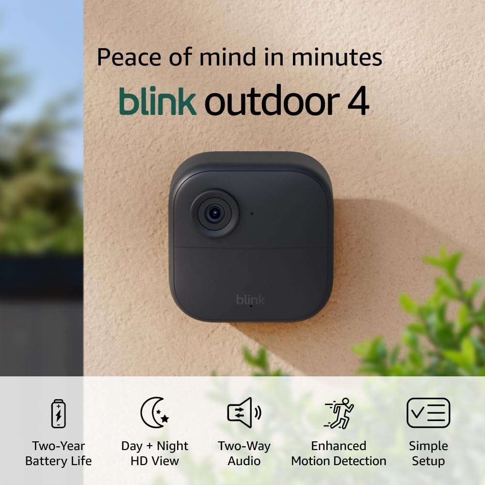 Blink Outdoor 4 (newest model), Wire-free smart security camera, two-year battery life, two-way audio, HD live view, enhanced motion detection, Works with Alexa – 5 camera system