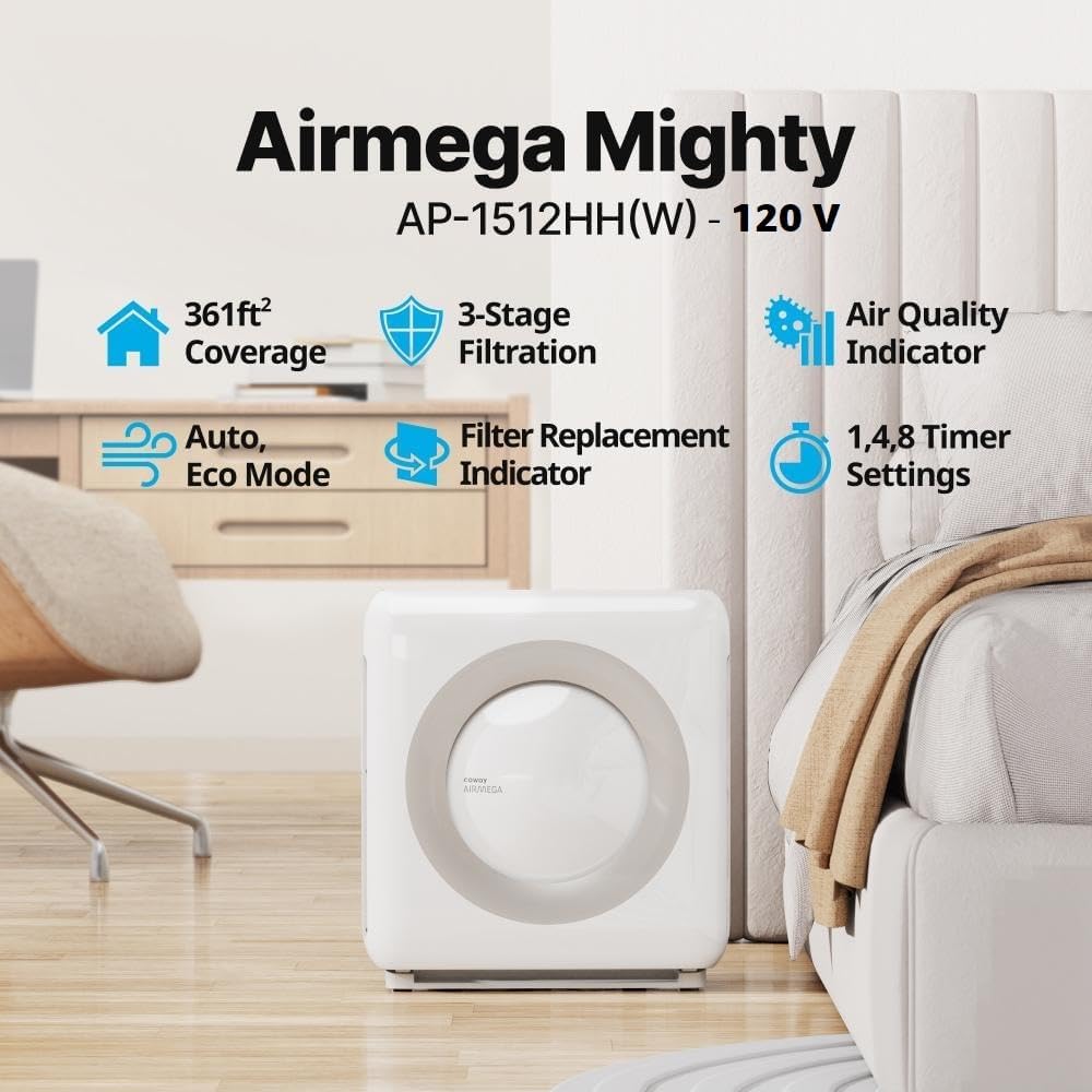 Coway Airmega AP-1512HH(W) True HEPA Purifier with Air Quality Monitoring, Auto, Timer, Filter Indicator, and Eco Mode, 16.8 x 18.3 x 9.7, White