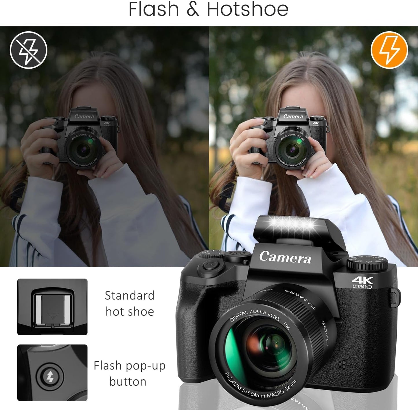 Saneen Digital Camera, 4k Cameras for Photography & Video, 64MP WiFi Touch Screen Vlogging Camera for YouTube with Flash, 32GB Card, Lens Hood, 3000mAH Battery, Front and Rear Cameras - Black