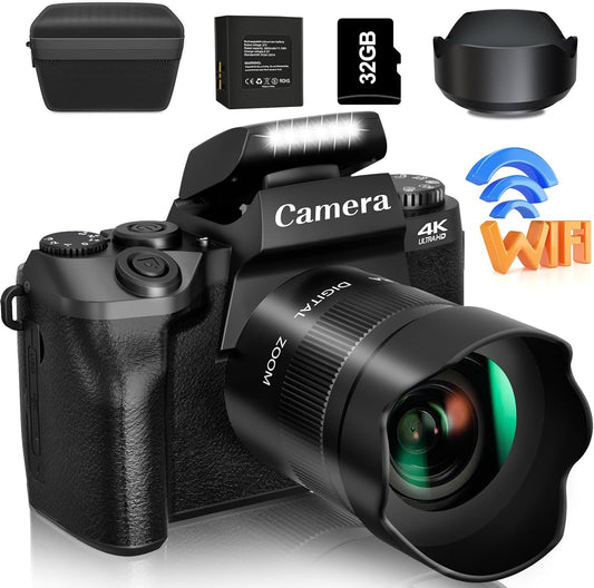 Saneen Digital Camera, 4k Cameras for Photography & Video, 64MP WiFi Touch Screen Vlogging Camera for YouTube with Flash, 32GB Card, Lens Hood, 3000mAH Battery, Front and Rear Cameras - Black