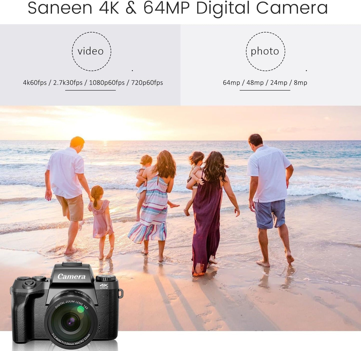 Saneen Digital Camera, 4k Cameras for Photography & Video, 64MP WiFi Touch Screen Vlogging Camera for YouTube with Flash, 32GB Card, Lens Hood, 3000mAH Battery, Front and Rear Cameras - Black