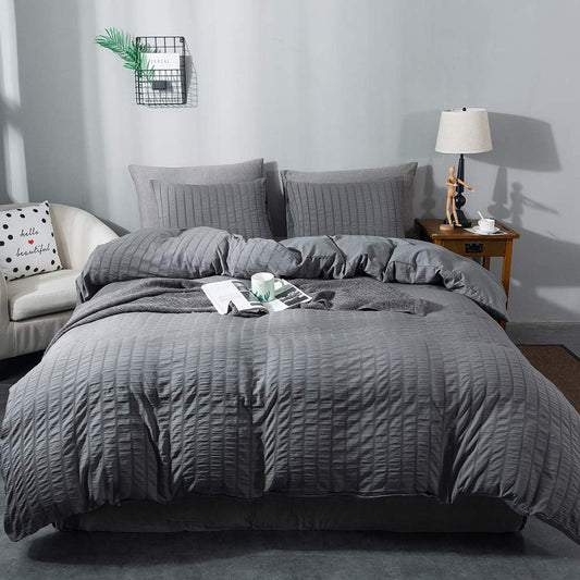 AveLom Seersucker Duvet Cover Set King Size (104 x 90 inches), 3 Pieces (1 Duvet Cover + 2 Pillow Cases), Dark Gray Ultra Soft Washed Microfiber, Textured Duvet Cover with Zipper Closure, Corner Ties