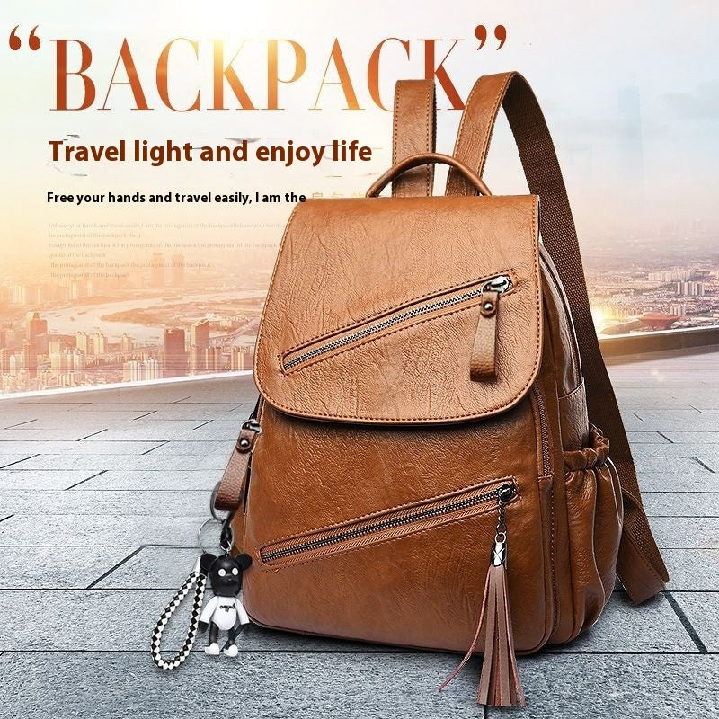 Women's Korean-style Fashionable Pu Soft Leather Casual Backpack